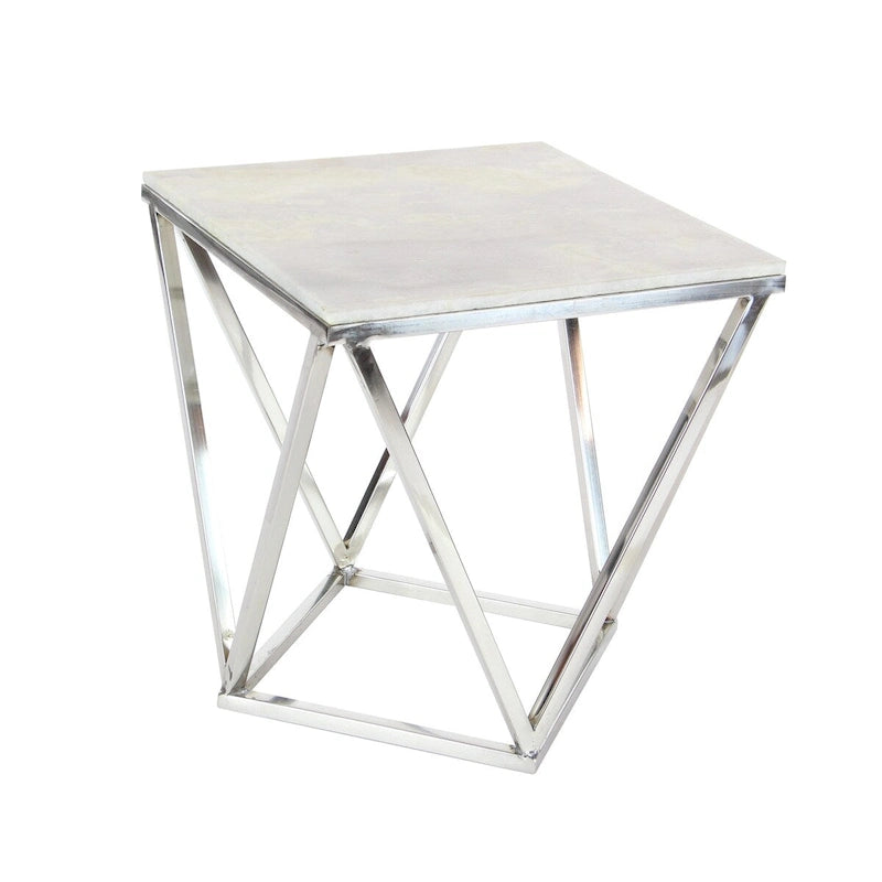 Stainless Steel Metal Side End Accent Table with Marble Top - Silver