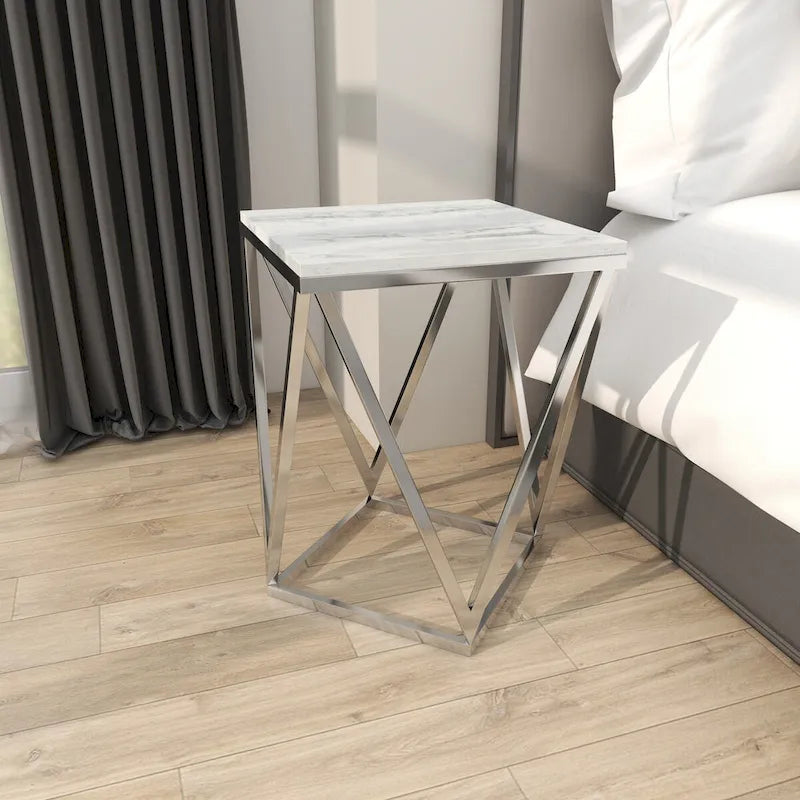 Stainless Steel Metal Side End Accent Table with Marble Top - Silver