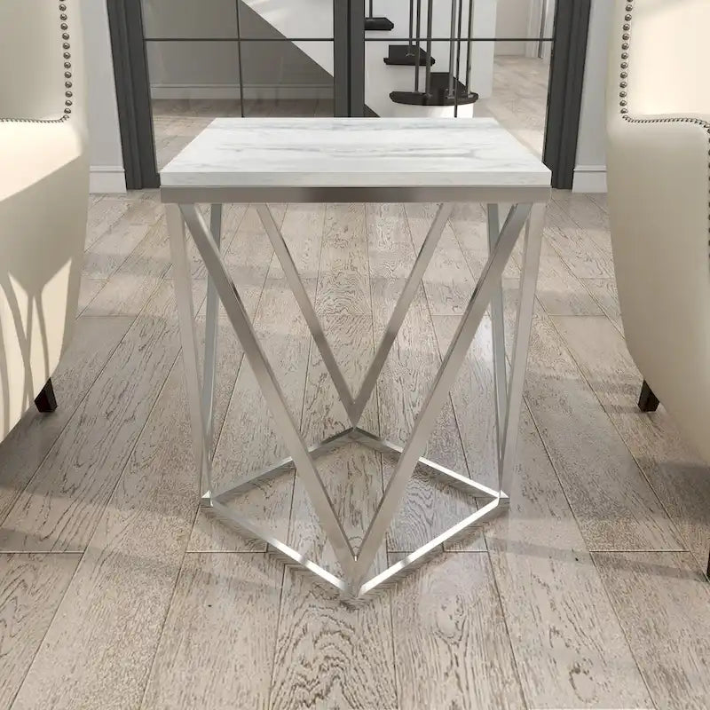 Stainless Steel Metal Side End Accent Table with Marble Top - Silver