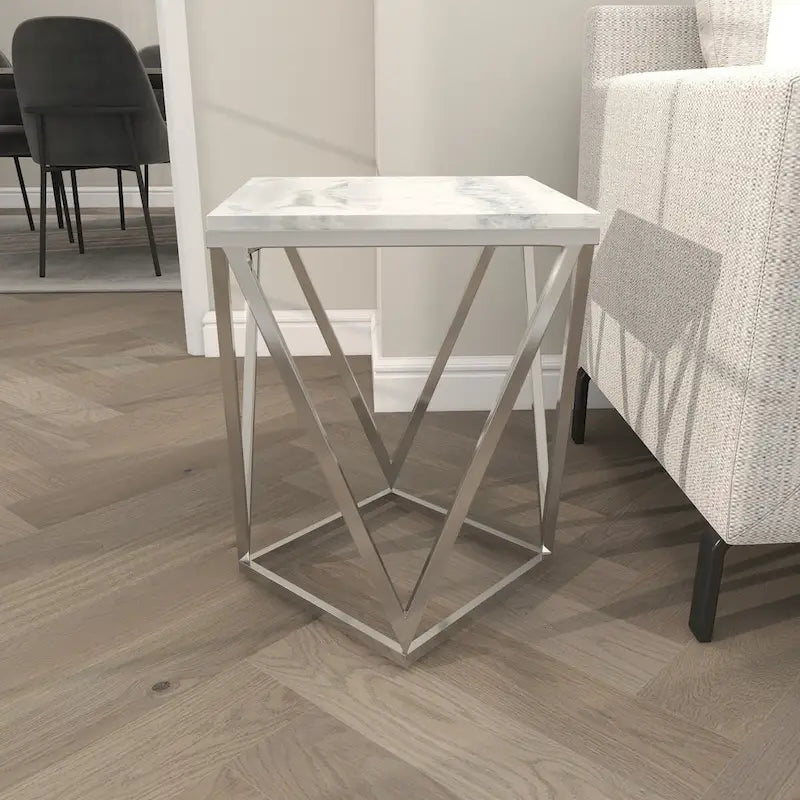 Stainless Steel Metal Side End Accent Table with Marble Top - Silver