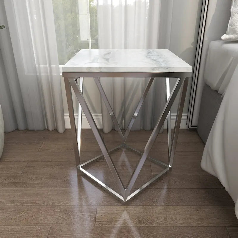 Stainless Steel Metal Side End Accent Table with Marble Top - Silver