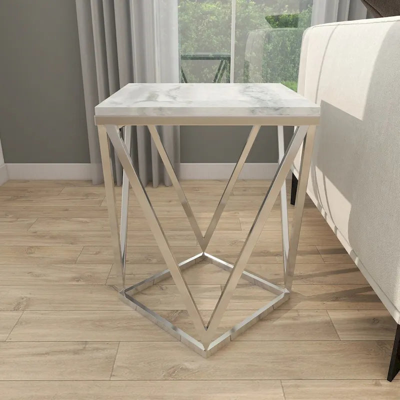 Stainless Steel Metal Side End Accent Table with Marble Top - Silver