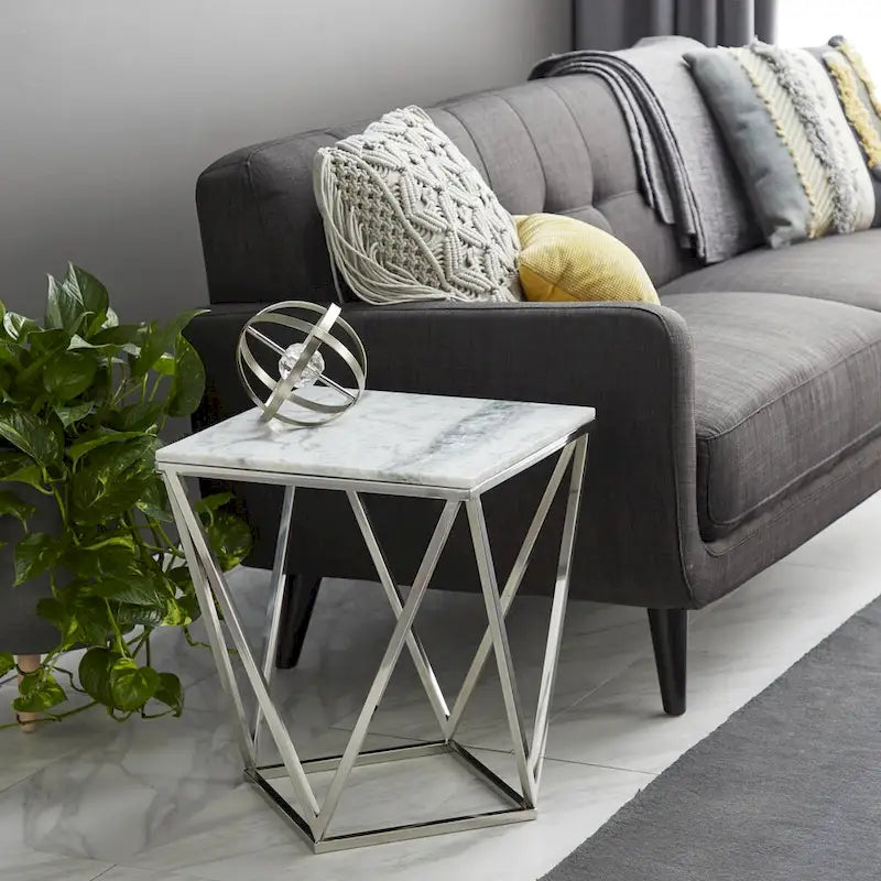 Stainless Steel Metal Side End Accent Table with Marble Top - Silver
