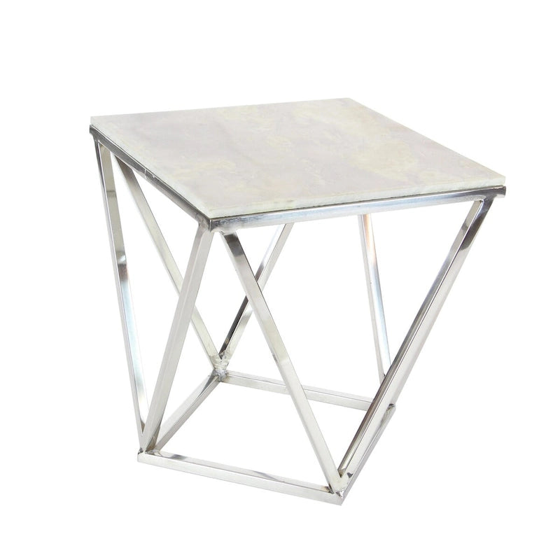 Stainless Steel Metal Side End Accent Table with Marble Top - Silver