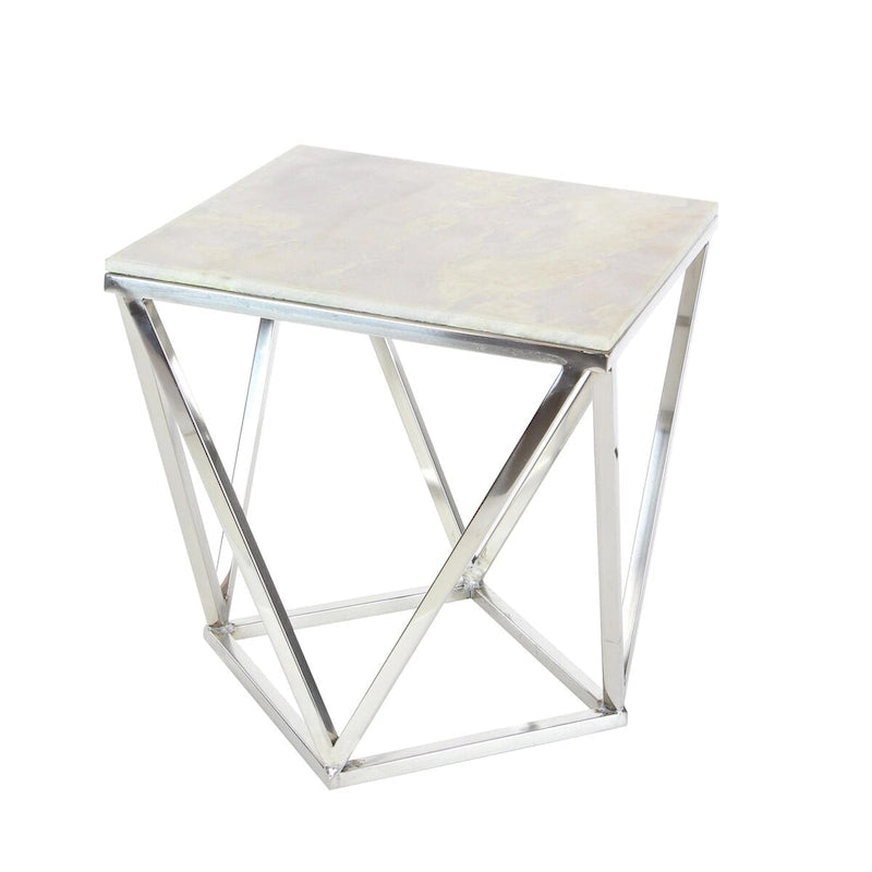 Stainless Steel Metal Side End Accent Table with Marble Top - Silver