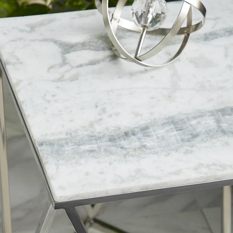 Stainless Steel Metal Side End Accent Table with Marble Top - Silver