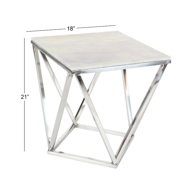 Stainless Steel Metal Side End Accent Table with Marble Top - Silver