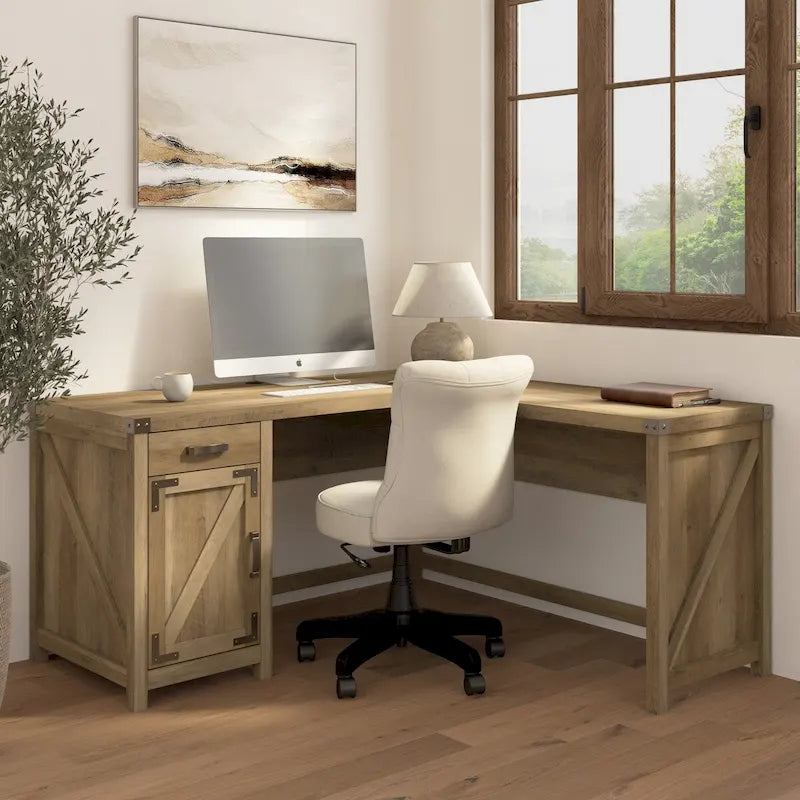 60W L Shaped Desk with Storage Cabinet