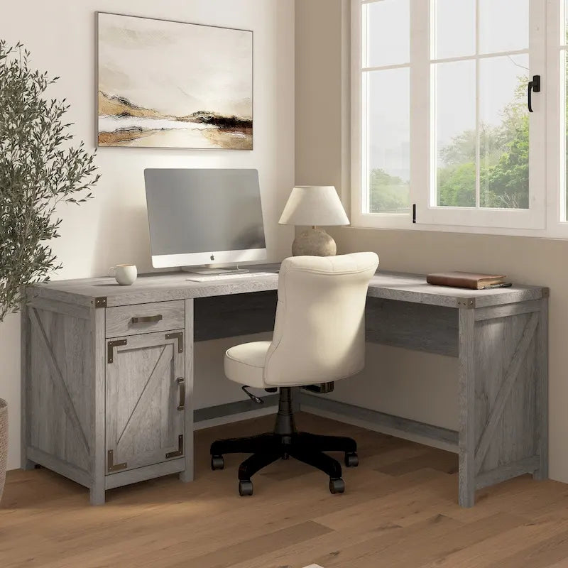 60W L Shaped Desk with Storage Cabinet