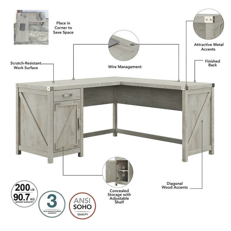 60W L Shaped Desk with Storage Cabinet