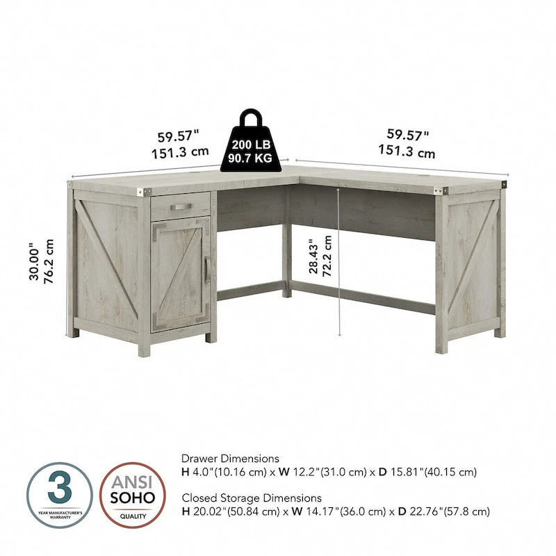 60W L Shaped Desk with Storage Cabinet