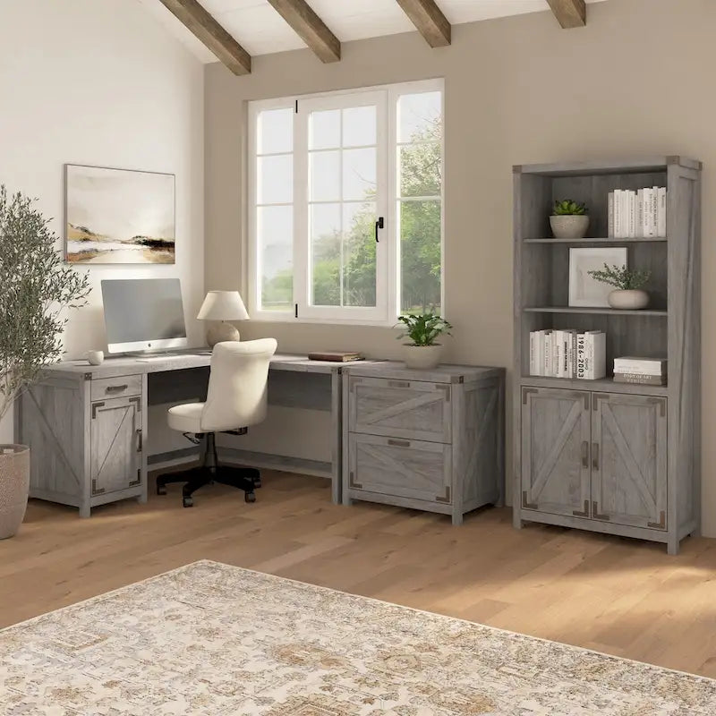 60W L Shaped Desk with Storage Cabinet