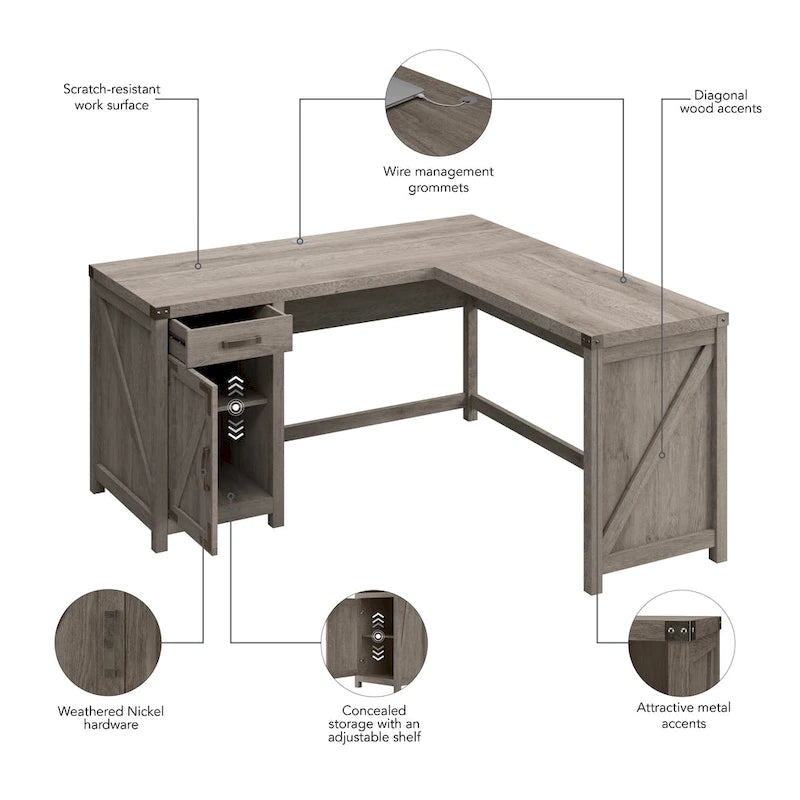 60W L Shaped Desk with Storage Cabinet